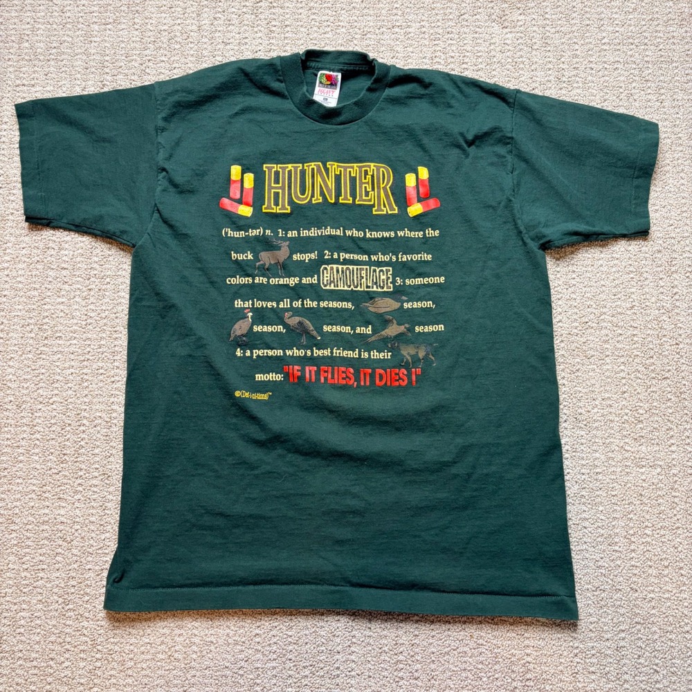 Vintage Fruit of the Loom Hunter Graphic T-Shirt XL Green Single Stitch 90s‎ USA